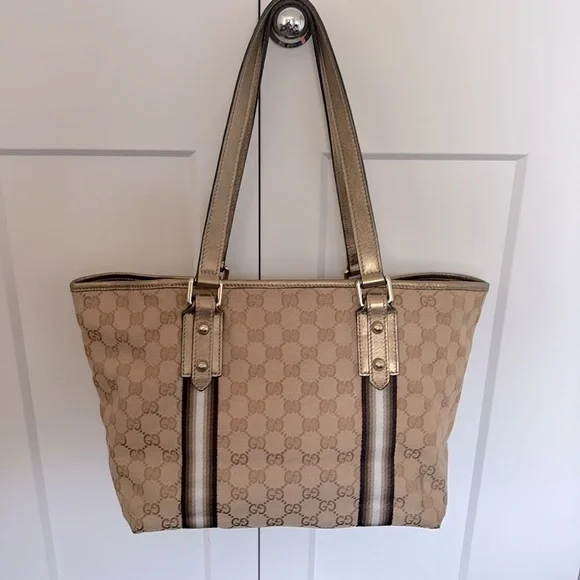 EUC [Gucci] Authenticated Monogram Canvas Jolicoeur Tote Handbag Beige w/ Gold - Picture 3 of 16
